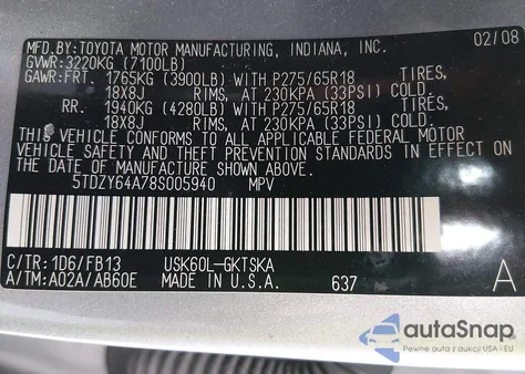 2008 Toyota Sequoia Sr5 5.7L V8 z USA, uszkodzony, nr VIN 5TDZY64A985005940